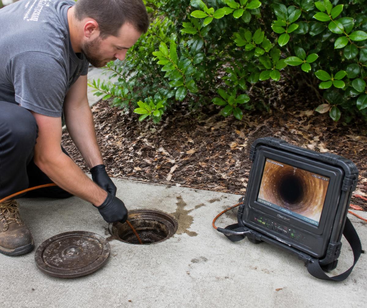 Technician feeding a sewer camera into a cleanout while the inspection monitor shows the inside of the pipe